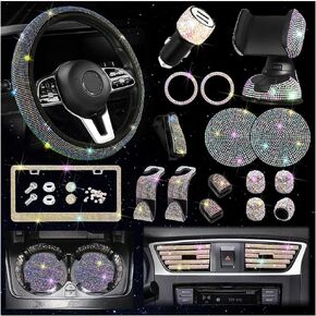 27PCS Bling Car Accessories Set for Women, 15 Inch Reinestone Crystal Steering Wheel Covers License Plate Frame USB Charger Phone Holder Coasters, Vehicle Decorations, Universal Fit（AB）