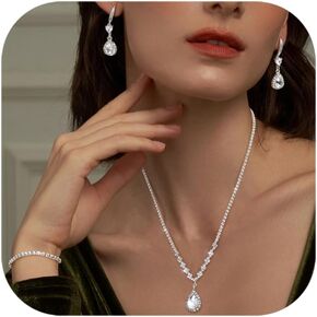 FUNRUN JEWELRY Silver Jewelry Set for Women Rhinestone Necklace and Earrings Bridal Wedding Jewelry Sets for Brides Bridesmaid Crystal Wedding Prom Jewelry