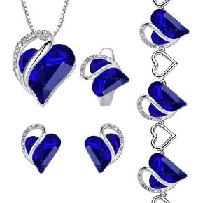 Leafael Infinity Love Heart Necklace, Stud Earrings, Bracelet, and Ring Set, September Birthstone Crystal Jewelry, Silver Tone Gifts for Women, Sapphire Blue