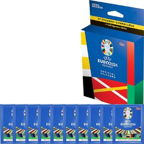 حزمة ملصقات Topps Euro 2024 لكرة القدم، بما في ذلك صندوق Mega Eco Box مع إصدار محدود من سلسلة التوقيع الذهبي و2 متوازيين + 10 حزم معززة للملصقات، يتضمن 147 ملصقًا in Kuwait