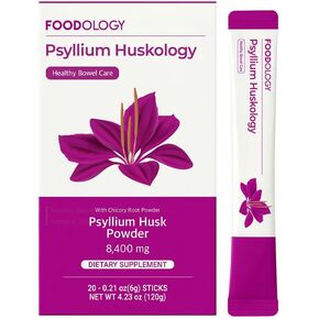 FOODOLOGY Psyllium Huskology (20 Sticks, 10 Days) - Herbal Psyllium Husk Supplement for Constipation Relief, Gut Health. Plant-Based Dietary Fiber, Maximum Strength 7,200mg.