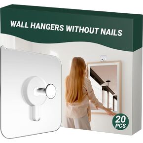 Picture Hangers Without Nails, A Set of 20 Adhesive Wall Hooks,No Damage Wall Hooks for Hanging on Kitchen,Bathroom,Bedroom and Office, Single Wall Hangers Holding up to 13 lbs