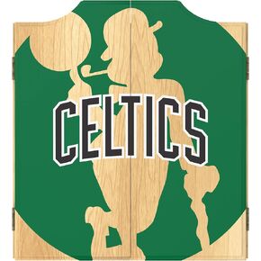 Trademark Global Dart Board Cabinet Set - Boston Celtics Fade Dart Board with 6 Steel Tip Darts, Scoreboard, Hanging Wood Cupboard