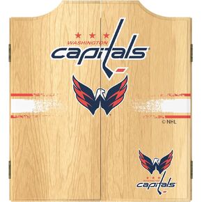 Trademark Global Dart Board Cabinet Set - Washington Capitals Logo Dart Board with 6 Steel Tip Darts, Scoreboard, Hanging Wood Cupboard
