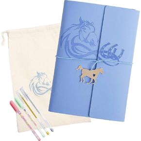 Cantik 7PCS Horse Journal Notebook 130 Sheets (260 Pages) With 4 Colorful Pens, Horse Charm, Muslin Cotton Pouch & Secret Pen Pocket. Refillable Journal Ideal For Writing, Drawing & Scrapbooking.