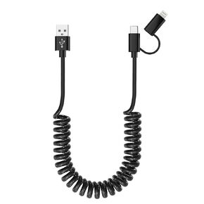 USB to USB-C and Lightning Cable Combo 2 in 1 Coiled Cable Apple Carplay & Android Auto Compatible [MFi & 3A Fast Charge & Data Sync] Coiled Lightning and USB C Cable for iPhone 15/14/13/12/Android