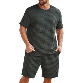 OYOANGLE Men's 2 Piece Outfits Round Neck Short Sleeve Tee and Drawstring Shorts with Pockets Sets