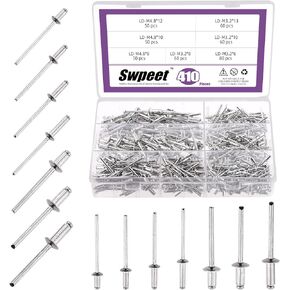 Swpeet 410Pcs 1/4" 5/16" 3/8" 1/2" Small Flange Aluminum Blind Rivets Kit, Silver Pop Rivets Open End Type Pop Rivet for Indoor and Outdoor Use