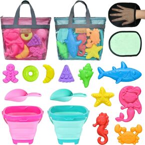 Aclarastra Collapsible Beach Sand Toys for Kids - Travel Beach Toys with 2 Collapsible Beach Buckets, Mesh Bags, Animal Sand Molds, Sand Bucket Shovel Set Sandbox Toy for Toddler Kid Ages 3-5-7