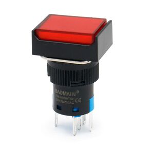 Baomain 5/8" 16mm Push Button Switch Momentary Rectangular Cap LED Lamp Red Light DC 12V SPDT 5 Pin 5 Pack