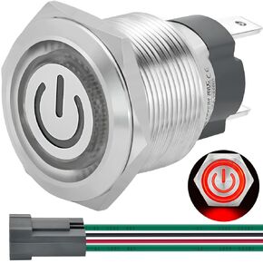 15 أمبير 19 ملم مفتاح زر الضغط الأحمر 110/120 فولت تيار متردد زر الطاقة 1NO SPST حلقة LED من الفولاذ المقاوم للصدأ قفل ذاتي تشغيل/إيقاف 3/4 بوصة مع مقبس سلك