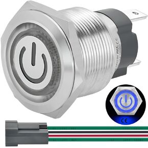 15Amp 19mm Latching Push Button Switch Red 110/120V AC Power Button 1NO SPST Ring Led Stainless Steel Self-Locking ON/Off 3/4'' with Wire Socket