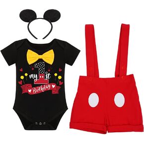 IWEMEK Baby Boys Mouse Costume Gentleman 1st Birthday Cake Smash Outfit Bowtie Suspenders Shorts Romper Overalls Headband Set