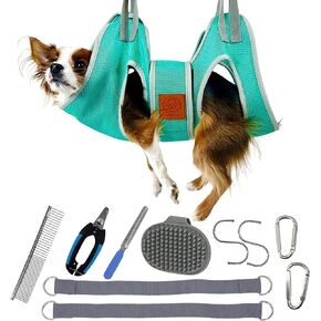 PawRanch Dog Grooming Hammock Harness for Dogs & Cats with Security Strap, Dog Sling for Grooming/Ear/Eye Care with Nail Clippers/Trimmer, Nail File, Pet Comb, Bonus Dog Wash Scrubber (X-Small)
