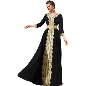 AFAVOM Women Moroccan Kaftan Abaya Golden Lace Dress Embroidered Islamic Ramadan Eid Dress Arabic Dubai Muslim Prayer Robe