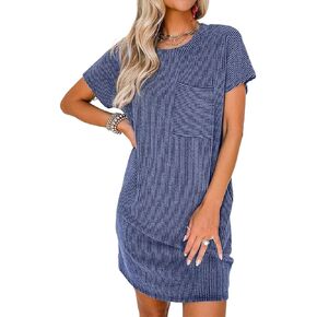 Melliflo Womens Summer Ribbed Tshirt Dresses 2024 Short Sleeve Crew Neck Solid Color Dresses Casual Beach Dresses for Women