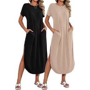 Riyiper 2 Pieces Women's Short Sleeve Maxi Dress Round Neck Casual Loose Split Long Summer Beach Shirt Dress with Pockets