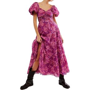 ABYOVRT Women Floral Maxi Dress Short Puff Sleeve V Neck Bohemian Flowy Dress Smocked Casual Spring Summer Dresses