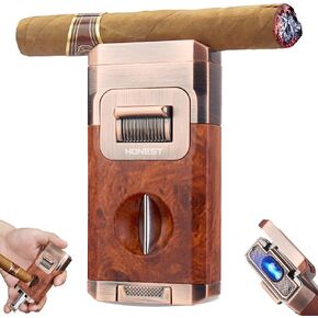 Torch Cigar Lighter with V Cut Cigar Cutter, Cigar Holder, Visible Gas Window, Windproof Double Jet Flame Refillable Butane Lighters for Cigars with Gift Box(Butane NOT Included)