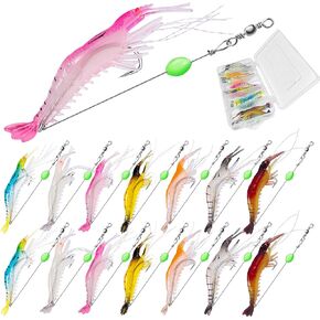 14PCS Saltwater Fishing Lures Shrimp Lures Set with Bait Box, 7 Colors Premium Soft Shrimp Fishing Tackle with Luminous Sharp Hooks, for Saltwater and Freshwater Aggressive Fish