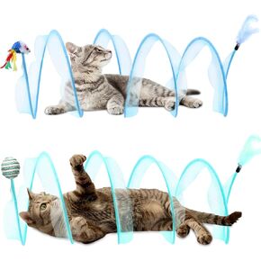 2 Pcs Folded Cat Tube Tunnel Interactive Spring Cat Tunnel Toy for Indoor Cats Exercise, Cat Tunnel Bed for Kitten, Cat Donut Tunnel Whisker Twister with Feather Mouse Toys, Blue & Green
