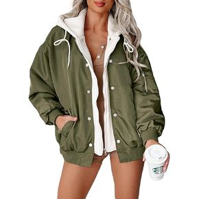 Kedera Womens Oversized Zip Bomber Jacket Long Sleeve Hooded Lightweight Quilted Cotton Jacket