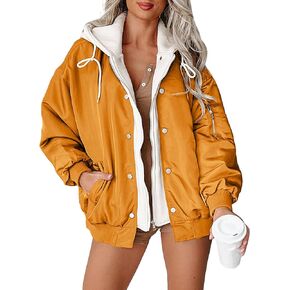Kedera Womens Oversized Zip Bomber Jacket Long Sleeve Hooded Lightweight Quilted Cotton Jacket