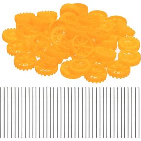 MECCANIXITY 50pcs Toy Car Wheels, 30mmx8mm Plastic Roll and 2mmx100mm Shaft Round Rod Axles for DIY RC Car Truck Boat Helicopter Model Part, Yellow