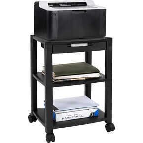 MOUNT-IT! Mobile Printer Stand with Drawer | Height Adjustable Printer Cart with 4 Swivel Wheels and Cable Management | Rolling Printer Stand with Storage, 3 Tier (Black)