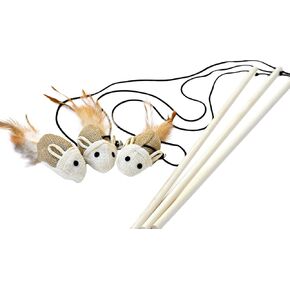 Earthtone Solutions Cat Kitten Teaser Wand Toys, Natural Sisal with Mouse, Bell, Feather, Elastic String, and Sturdy Wood Rod, Interactive Fun, Cat Catcher Mice for Pets, Set of 3