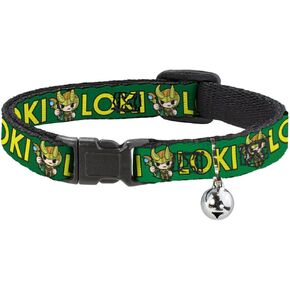 Marvel Comics Cat Collar, Breakaway Collar with Bell, Kawaii Loki Standing Pose Text Green Yellow, 8.5 to 12 Inches 0.5 Inch Wide