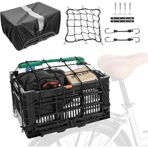 YEEGO DIRECT Bike Basket Rear, Foldable 35L Large Capacity Rear Bike Basket, Rear Bicycle Basket Bike Storage Rear Basket with Waterproof Cover & Cargo Net for Shopping,Outings,Pets Bike Accessories
