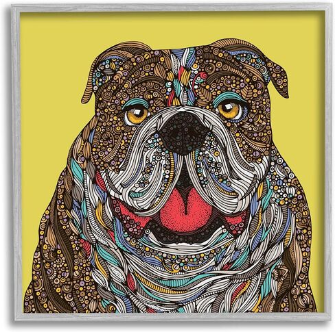 Stupell Industries Smiling Bulldog Bold Creative Mandala Patterns Shapes مؤطرة جدار الفن، تصميم بواسطة فالنتينا هاربر، 17 × 17، أسود مؤطر in Kuwait