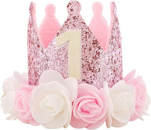 SEXWAWAMM Kbrand Hat First Birthday 1st For Baby Girl Decoration Gifts Rose Gold Baby Pink Party Crown One Year Old Flowers Princess Pink 3inch in Saudi Arabia