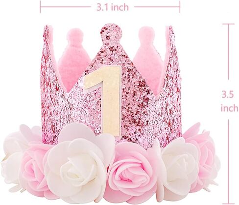 SEXWAWAMM Kbrand Hat First Birthday 1st For Baby Girl Decoration Gifts Rose Gold Baby Pink Party Crown One Year Old Flowers Princess Pink 3inch in Saudi Arabia