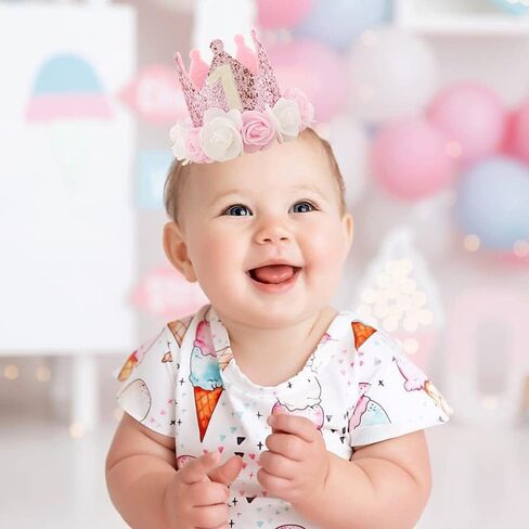SEXWAWAMM Kbrand Hat First Birthday 1st For Baby Girl Decoration Gifts Rose Gold Baby Pink Party Crown One Year Old Flowers Princess Pink 3inch in Saudi Arabia