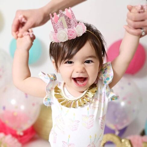 SEXWAWAMM Kbrand Hat First Birthday 1st For Baby Girl Decoration Gifts Rose Gold Baby Pink Party Crown One Year Old Flowers Princess Pink 3inch in Saudi Arabia