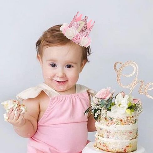 SEXWAWAMM Kbrand Hat First Birthday 1st For Baby Girl Decoration Gifts Rose Gold Baby Pink Party Crown One Year Old Flowers Princess Pink 3inch in Saudi Arabia