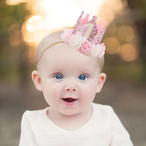SEXWAWAMM Kbrand Hat First Birthday 1st For Baby Girl Decoration Gifts Rose Gold Baby Pink Party Crown One Year Old Flowers Princess Pink 3inch in Saudi Arabia