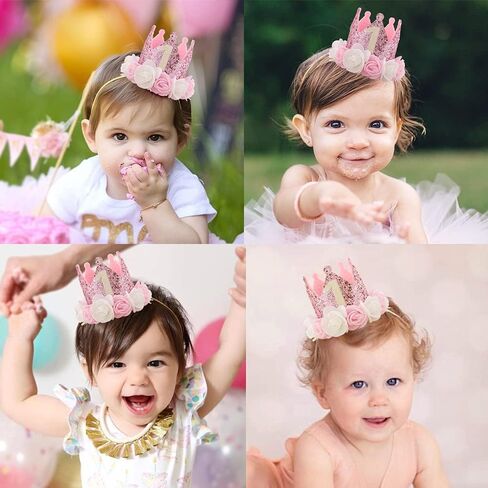 SEXWAWAMM Kbrand Hat First Birthday 1st For Baby Girl Decoration Gifts Rose Gold Baby Pink Party Crown One Year Old Flowers Princess Pink 3inch in Saudi Arabia