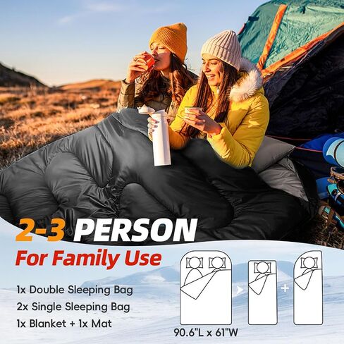 MAXOV Double Sleeping Bags for 2 Adults, 2-3 Person Sleeping Bag for Camping Two Person Sleeping Bags for Adults with Pillow Cold Warm Weather in Saudi Arabia