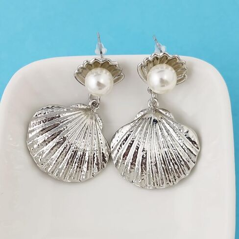 Boho Seashell Pearl Beach Earrings for Women Trendy Girls,Vintage Dangle Drop Pendant Jewelry,Gold Mermaid Scallop Earrings for Holiday Gifts Party in Kuwait