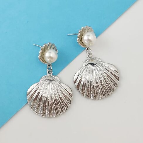 Boho Seashell Pearl Beach Earrings for Women Trendy Girls,Vintage Dangle Drop Pendant Jewelry,Gold Mermaid Scallop Earrings for Holiday Gifts Party in Kuwait