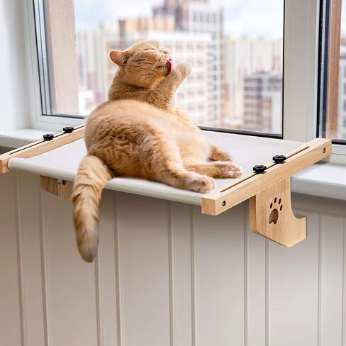 ZooZoo Cat Window Sill Perch Cat Bed, Adjustable 2-in-1 Large Cat Window Hammock Seat with Durable & Sturdy Wooden Frame, Easy to Install Cat Bed for Floor,Windowsill,Bedside or Cabinet(21.7"L -40lb) in Kuwait