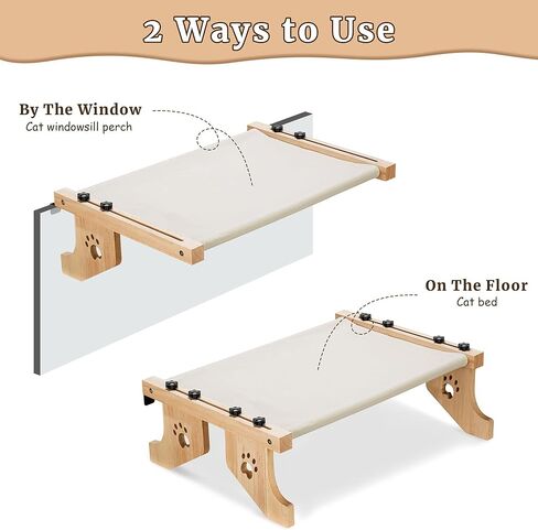 ZooZoo Cat Window Sill Perch Cat Bed, Adjustable 2-in-1 Large Cat Window Hammock Seat with Durable & Sturdy Wooden Frame, Easy to Install Cat Bed for Floor,Windowsill,Bedside or Cabinet(21.7"L -40lb) in Kuwait