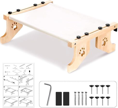 ZooZoo Cat Window Sill Perch Cat Bed, Adjustable 2-in-1 Large Cat Window Hammock Seat with Durable & Sturdy Wooden Frame, Easy to Install Cat Bed for Floor,Windowsill,Bedside or Cabinet(21.7"L -40lb) in Kuwait