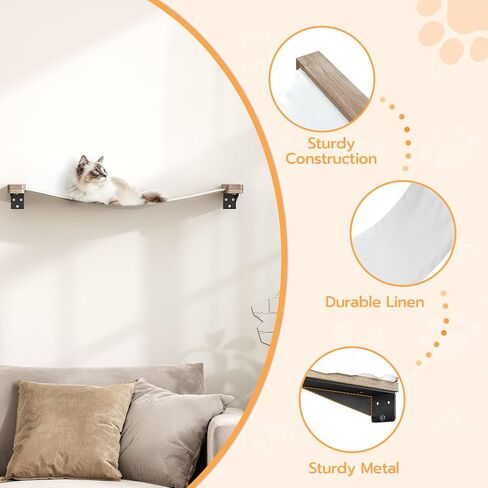 HOOBRO Cat Wall Hammock, Extra Long Cat Shelves, 29.5" L x 11.8" W, Easy to Install, Holds up to 40 lb, Wooden Cat Wall Furinture for Kitten, Medium and Large Cats, Greige and White BG02CS03 in Saudi Arabia