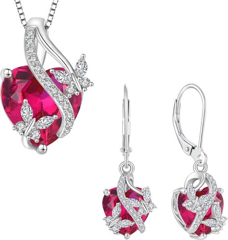 Vesitim 925 Sterling Silver Heart Butterfly Pendant Necklace Earrings Women Jewelry Set Gift with Birthstone Created Ruby in Kuwait