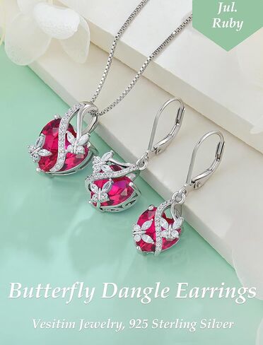 Vesitim 925 Sterling Silver Heart Butterfly Pendant Necklace Earrings Women Jewelry Set Gift with Birthstone Created Ruby in Kuwait
