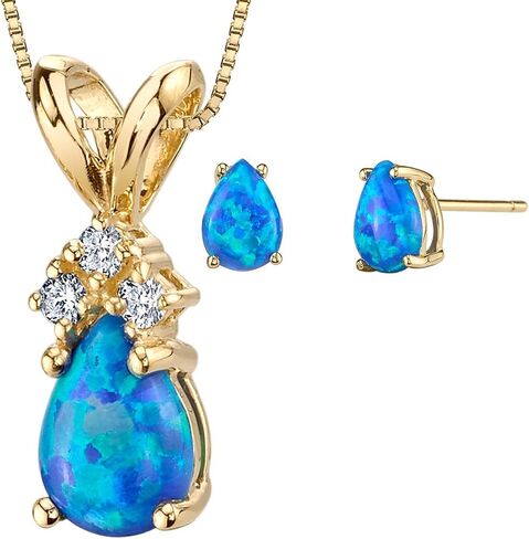 Peora 14K Yellow Gold Created Blue Opal Pendant and matching Earrings - Pear Shaped Created Blue Opal Diamond Pendant 0.55 Carat + Pear Shaped Created Blue Opal Stud Earrings 1 Carat in Saudi Arabia